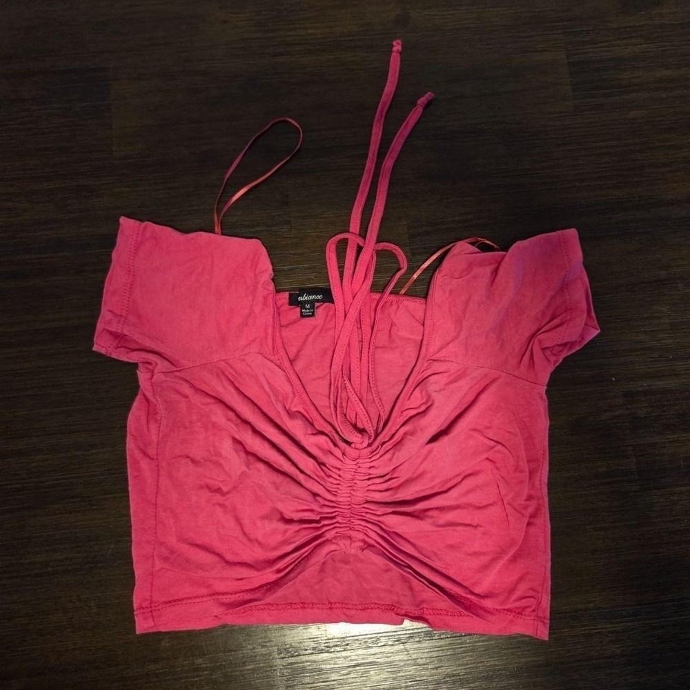 Ambiance Apparel Pink Ruched Front Crop Top Halter Tie Short Sleeve Medium